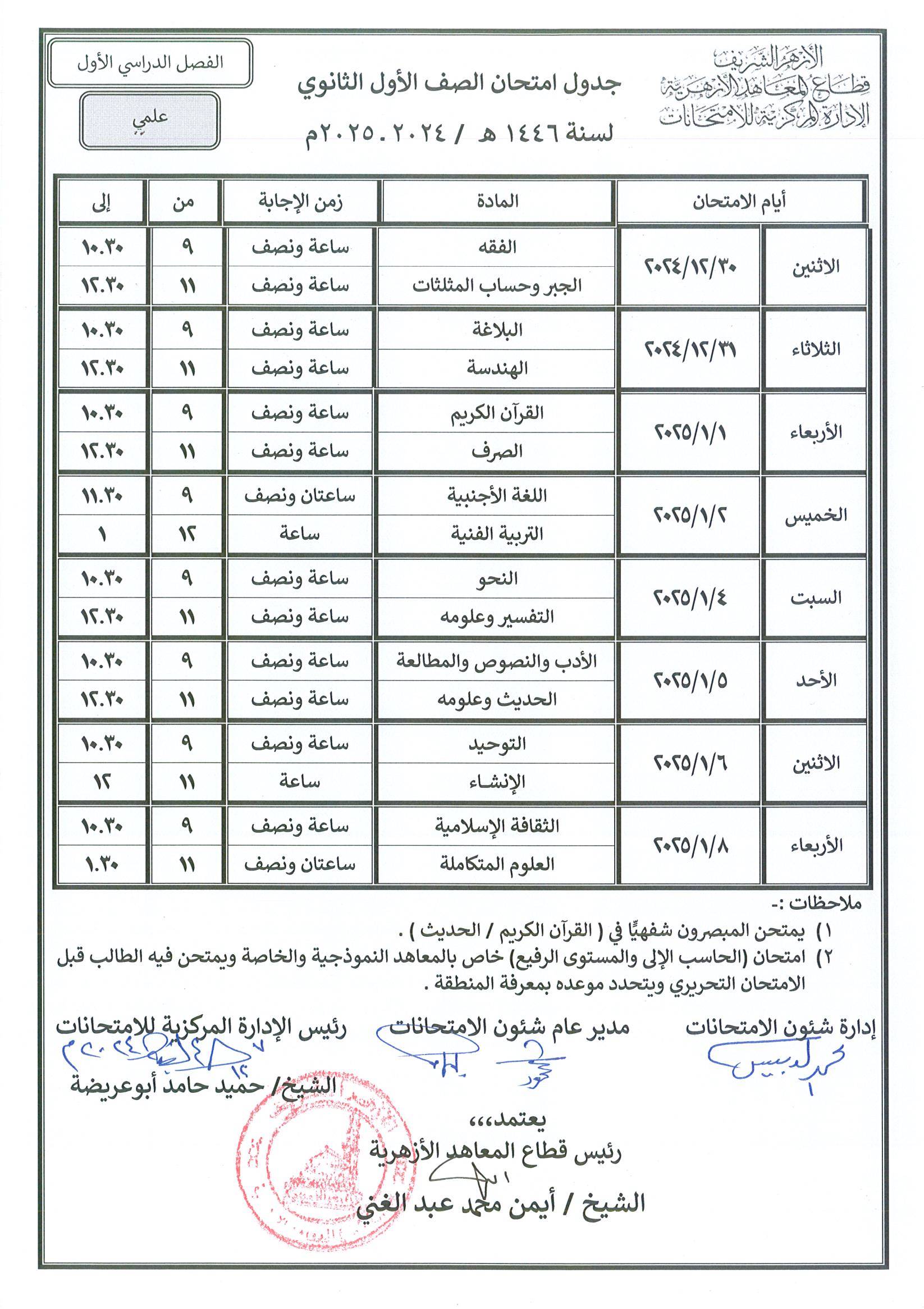 جدول الصف الأول الثانوي علمي