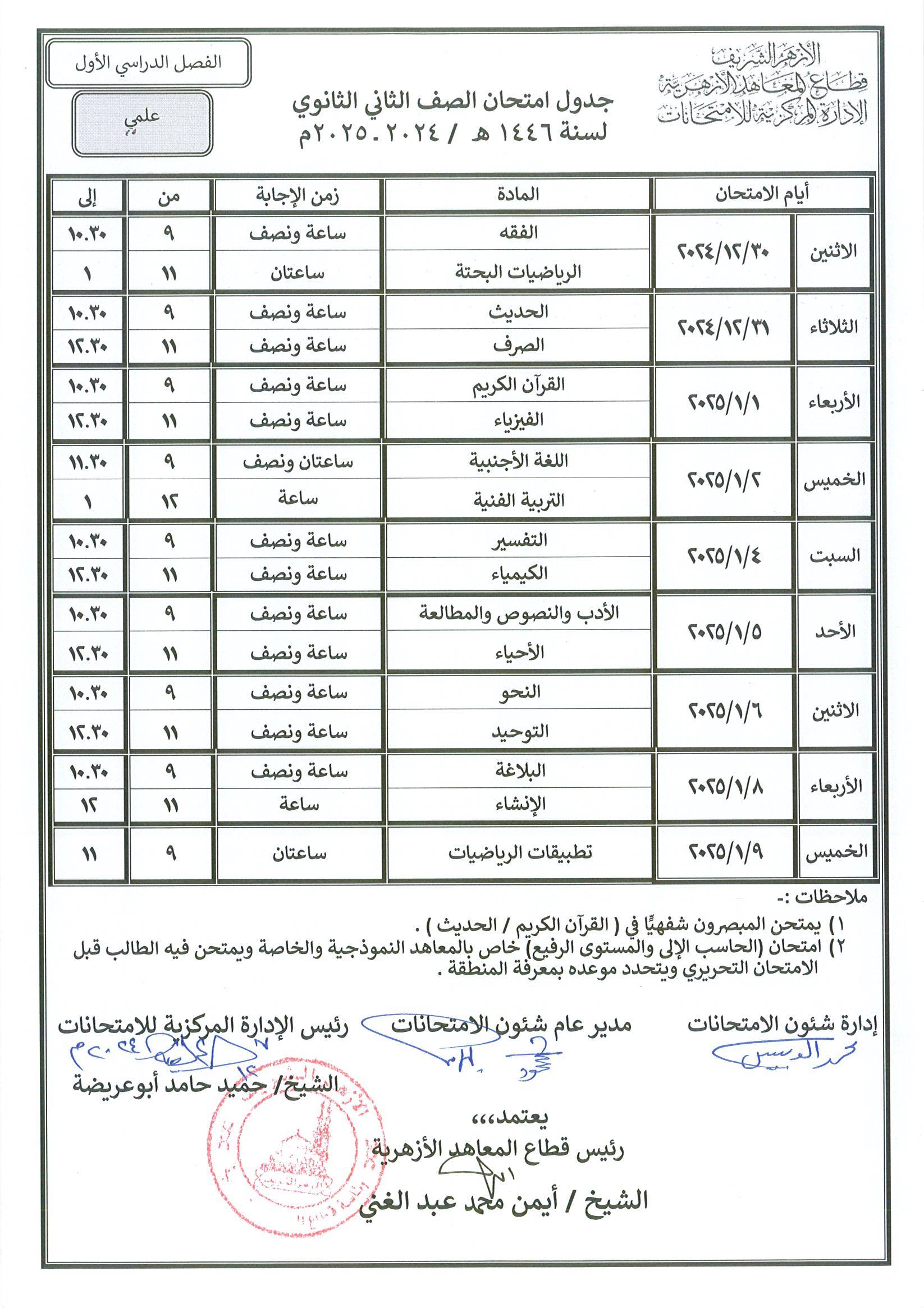 جدول الصف الثاني الثانوي علمي